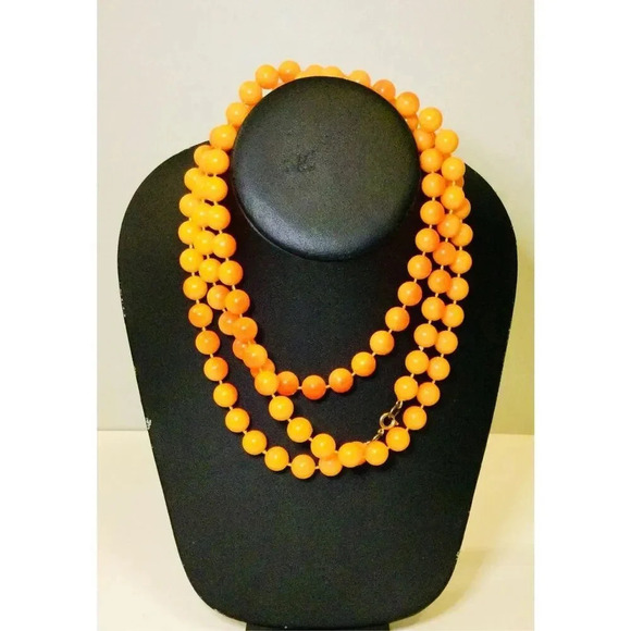 Vintage Womens Orange Round Beaded Single Strand Long Necklace Fashion Jewelry - Picture 2 of 7